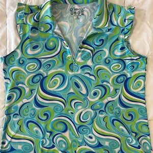 IBKUL Sleeveless Polo in Aqua, Lime & Navy Swirl